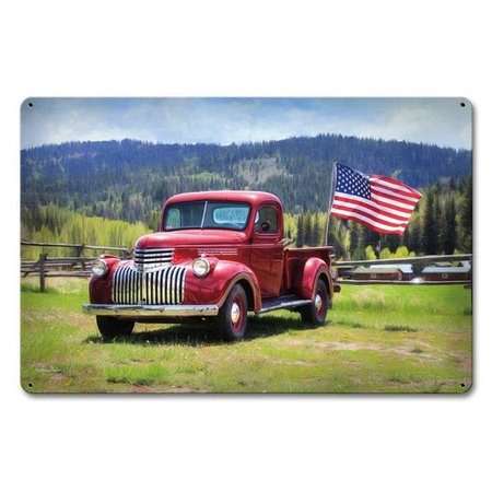 LOVELYHOME 18 x 12 in. Red Truck American Flag Satin Metal Sign LO1127326